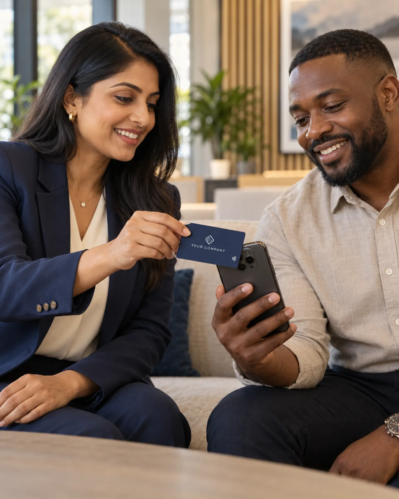 Illustrative scene: a representative shares a company-branded NFC card with a client’s phone.